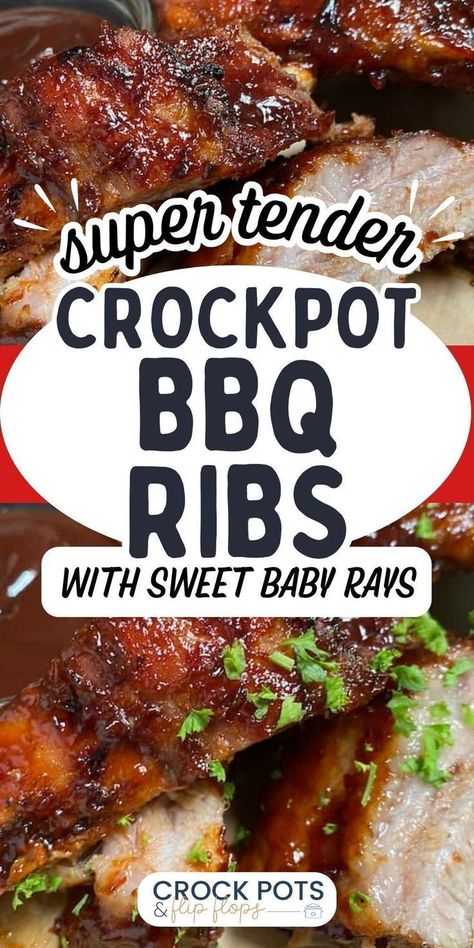 Make the most tender and flavorful ribs you have ever tasted, all thanks to this simple crockpot rib recipe from Crock Pots and Flip Flops! These ribs are so tender, that they practically fall off the bone after simmering all day in the slow cooker. It's all in the slow cooker dry rub, which seals in the delicious flavor as they cook to perfection. With just a few basic ingredients and minimal effort, you'll have mouthwatering BBQ ribs that are perfect for family dinners or summer cookouts. Ribs In Crock Pot, Crockpot Ribs Easy, Easy Rib Recipes, Crockpot Pork Ribs, Crockpot Bbq Ribs, Slow Cooker Ribs Recipe, Sweet Baby Rays, Slow Cooker Bbq Ribs, Crockpot Ribs