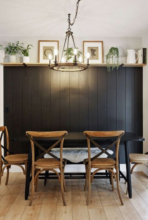 Statement Dining Room Wall, Black Panel Wall Dining Room, Dark Accent Wall Kitchen, Dining Nook Accent Wall, Boho Dining Room Accent Wall, Small Dark Dining Room, Dining Accent Wall Ideas, Panel Wall Dining Room, Dining Room Black Accent Wall