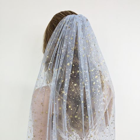 Celestial Wedding Veil, Blue Veil Wedding, Blue Celestial Wedding, Celestial Veil, Veil Embroidery, Floral Wedding Veil, Unique Wedding Veils, Shoulder Length Veil, Gold Veil