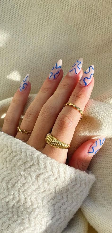 Boxy Nails, Acrilyc Nails Design Ideas Almond, Nail Inspo Trendy 2024, Blue Pattern Nails, Almost Nails, Squiggle Nails, Light Blue Nail Designs, Red Nails Acrylic, Wave Nails