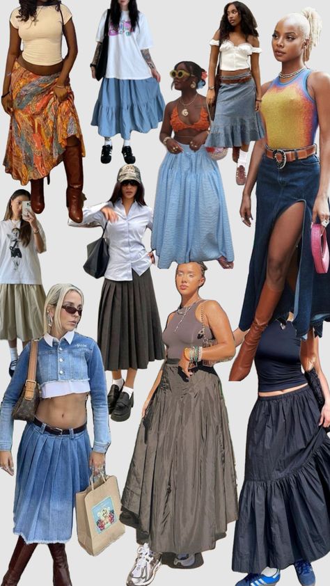 Midi/Maxi Skirt Summer Outfit Inspo Long Skirt Pleated Outfit, Low Waist Maxi Skirt Outfit, Maxi Tiered Skirt Outfit, Shoes With Maxi Skirt, Long Patterned Skirt Outfit, Patterned Maxi Skirt Outfit, 90s Maxi Skirt Outfit, Long Skirt Street Style, Maxi Skirt With Boots