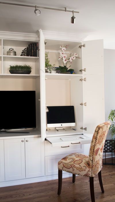 Types of Hidden Desks Hidden Office, Desk Wall Unit, Built In Wall Units, Hidden Desk, Living Room Built Ins, Play Kitchens, Desk Wall, Desk In Living Room, Wall Units