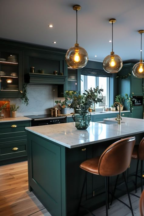 Green Kitchen Interior Design, Kitchen Back Wall Ideas, Green Gold And White Kitchen, Green And Gold House Decor, Forest Green And Gold Kitchen, Green Forest Kitchen, Emerald Green Kitchen Ideas, Forest Green House Decor, Dark Forest Green Kitchen