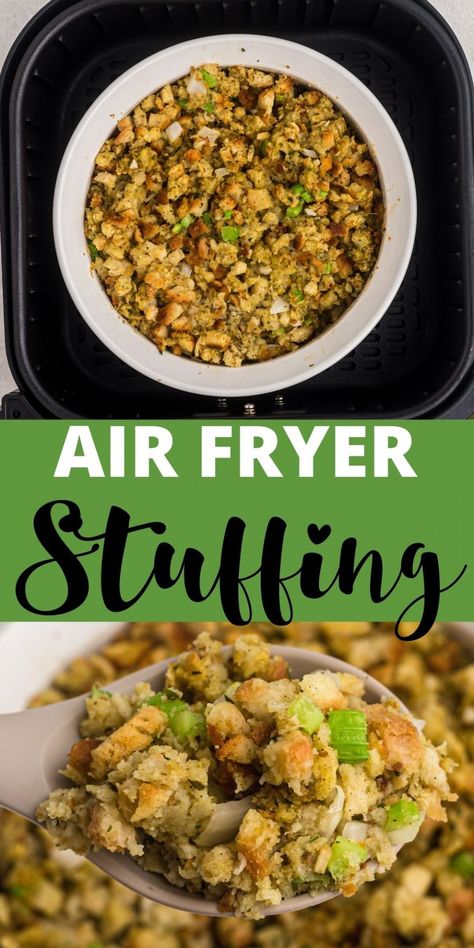 This easy air fryer stuffing recipe is the perfect side dish to any meal. Every bite is full of flavor with chopped onions and celery, and just the right seasonings. Dressing In Air Fryer, Stuffing In The Air Fryer, Air Fryer Stuffing Recipe, Air Fryer Holiday Recipes, Fried Stuffing, Air Fryer Stuffing, Air Fryer Thanksgiving Sides, Air Fryer Thanksgiving Recipes, Air Fryer Turkey Recipes