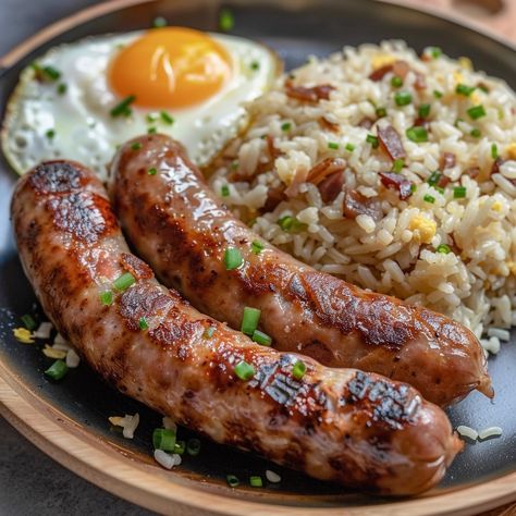 🍳 Enjoy the classic Filipino breakfast of Longsilog! 🍳✨ #Longsilog #FilipinoBreakfast Longsilog (Longanisa sausage with fried rice and egg) Ingredients: Longanisa sausages (8) Cooked rice (2 cups) Eggs (4) Garlic, minced (3 cloves) Cooking oil (2 tbsp) Salt and pepper to taste Instructions: Cook longanisa sausages in a pan over medium heat until browned and cooked through. Set aside. In the same pan, add cooking oil and sauté garlic until fragrant. Add cooked rice and stir-fry until heate... Garlic Egg Fried Rice, Fried Rice And Egg, Taco Salmon, Asian Sausage, Breakfast For Baby, Longsilog, Sausage And Eggs, Twist Recipes, Egg And Sausage