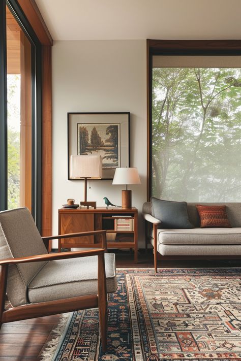 Create a stunning mid-century modern living room using these tips and ideas. Light Mid Century Modern Living Room, Contemporary Mcm Living Room, Colonial Mid Century Modern, Midcentury Modern Living Room Grey Couch, Modest Living Room, Simple Modern House Interior, 60s Living Room Aesthetic, Midcentury Scandinavian Interior, Mid Century Modern Small Living Room