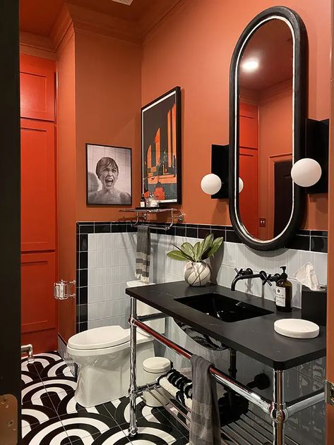 Funky Bathroom Ideas, Funky Bathroom, Orange Bathroom, Galley Style Kitchen, Eclectic Bathroom, Pink Kitchen, Kitchen Styling, Bathroom Makeover, Bathroom Inspiration