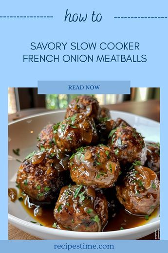 Treat your taste buds with these scrumptious Slow Cooker French Onion Meatballs! Bursting with flavor, they make a perfect meal for busy weeknights or special gatherings. Let your slow cooker work its magic, as tender, juicy meatballs simmer in a rich onion gravy. Pair them with crusty bread or serve over rice for an irresistible dinner idea. Learn how to whip up this easy and comforting dish that everyone will love, ensuring every bite is warm and satisfying! Slow Cooker French Onion Meatballs Ina, French Onion Meatballs Crock Pot, Meatballs Onion Soup Mix Recipe, Crock Pot French Onion Beef Meatballs, Meatballs In Gravy Crockpot, Slow Cooker French Onion Meatballs, Crockpot French Onion Meatballs, Crock Pot Meatball Recipes, Meatballs In Crockpot