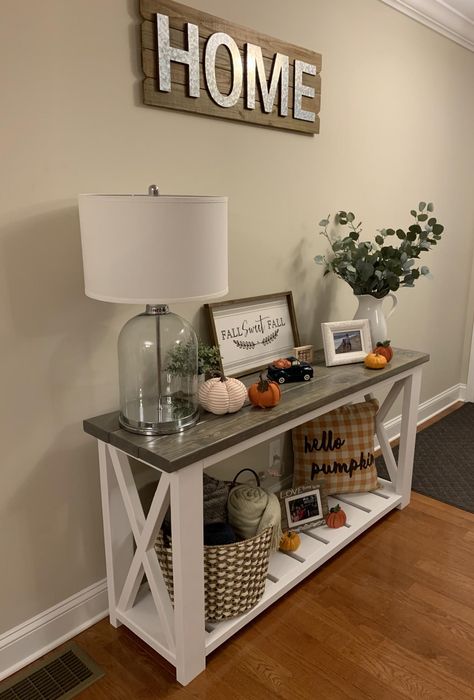 White Farmhouse Console Table, Gray Console Table Entryway, Sofa Table Farmhouse Decor, Console Farmhouse Decor, Diy Farmhouse Console Table, Diy Farmhouse Entry Table, Farmhouse Entryway Ideas Console Tables, White Entryway Table Decor, Farmhouse Console Table Decor Entryway