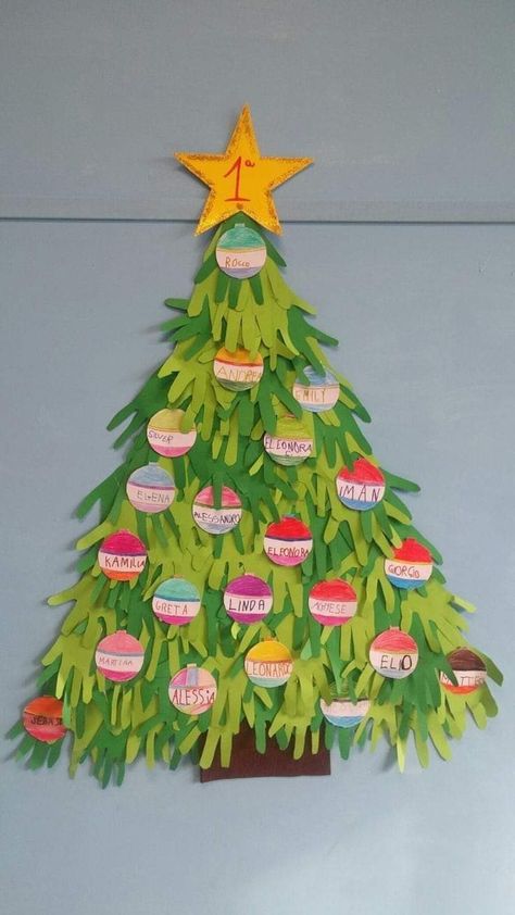 Big Ornaments On Tree Diy, Christmas School Crafts, Recycled Christmas Tree, Door Decorations Classroom Christmas, Handprint Christmas Tree, Classroom Christmas Decorations, Christmas Art For Kids, Christmas Classroom Door, Handprint Christmas