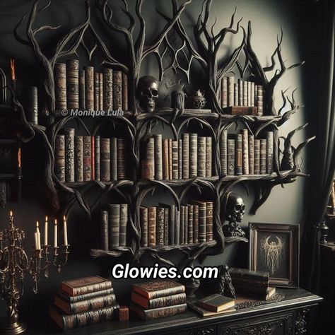 Diy Gothic Bookshelf, Victorian Style Bookshelf, Victorian Gothic Bookshelf, Gothic Shelf Diy, Goth Bookshelf, Gothic Library Aesthetic, Gothic Shelves, Gothic Bookshelf, Gothic Bookshelves