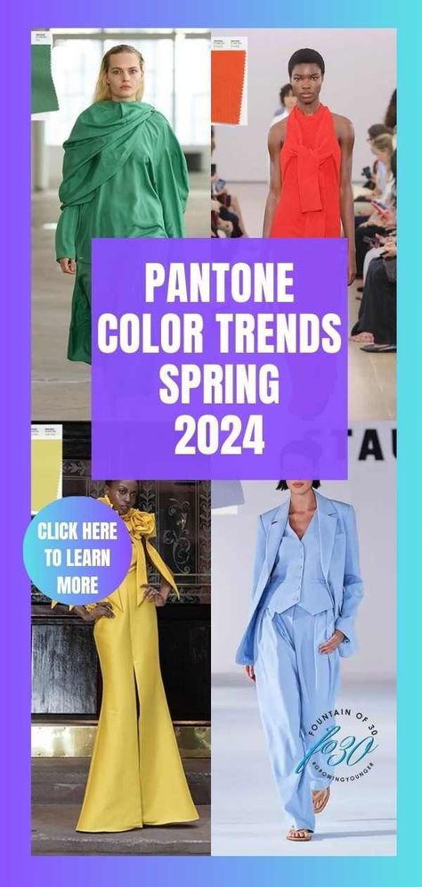 The top 10 Pantone color trends for spring summer 2024 at New York Fashion Week. #springfashion #over50 #colortrends #fashion #style Fashion Colors Spring 2024, Spring Fashion Colors 2024, Trends For Spring 2024, Spring 2024 Pantone Colors, Pantone Spring Summer 2024, Spring Color Trends 2024, Spring Colors Clothes, Spring 2024 Fashion Color Trends, Spring Colors 2024 Fashion