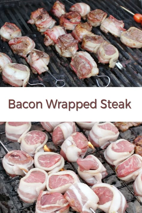 Bacon Wrapped Steak Grilled, Steak And Bacon Recipes, Nanas Recipes, Bacon Wrapped Tenderloin, Bacon Wrapped Steak, Flat Iron Steak Recipes, Bacon Wrapped Beef, Grilled Meals, Bacon Wrapped Filet