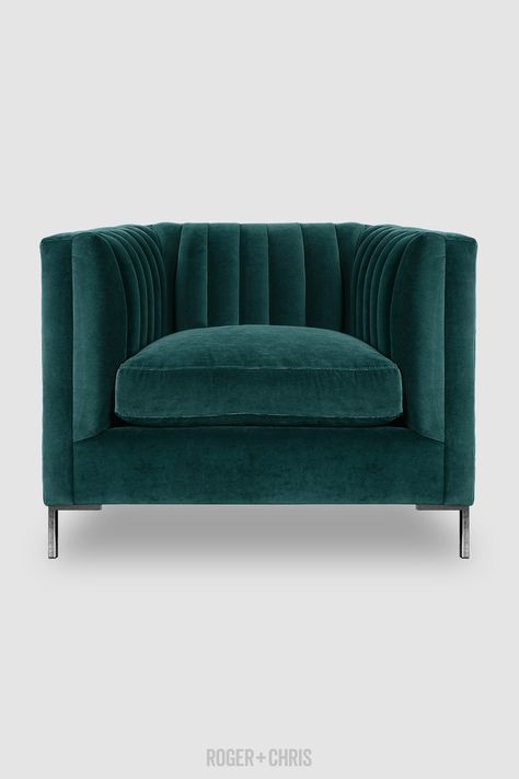 Mid-Century Modern Channel-Tufted Shelter Sofas, Armchairs, Sectionals | Harley from Roger + Chris Colourful Armchairs, Peacock Velvet, Reupholster Chair, Green Sofa, Tufted Sofa, Stainless Steel Legs, Custom Sofa, Elegant Furniture, Modern Armchair