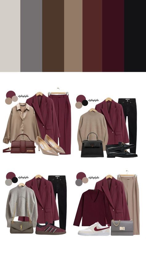 Dark Autumn Winter Outfits, Burgundy Color Palette Outfit, Color Palette Winter 2024/2025, Deep Autumn Color Palette Clothes, Deep Autumn Color Outfits, Winter Deep Outfits, Burgundy Outfit Ideas Color Combos, Burgundy Colour Combinations, Deep Winter Outfits Capsule Wardrobe