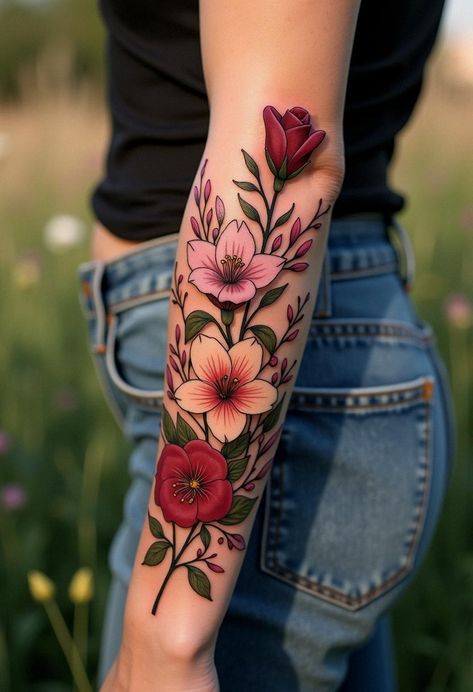 Stunning Flower Tattoos Design Ideas Flower Tattoo Sleeve Designs, Colored Tattoo Flower, Vintage Flower Bouquet Tattoo, Wild Flower Hand Tattoo, Neotraditional Flowers Tattoo, Tattoos Forearm Women, Colored Flowers Tattoo, Carnation Tattoo Sleeve, Color Flowers Tattoo