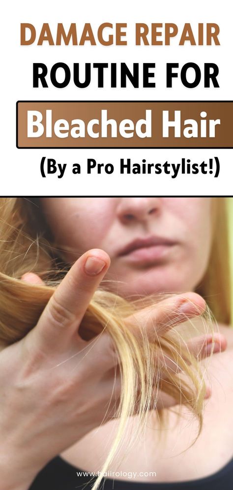 Bleached hair feeling dull and lifeless? Discover a damage repair routine for bleached hair created by a pro hairstylist! From nourishing treatments to bond-repairing tips, this hair care guide has everything you need to bring your hair back to life. Learn how to fix brittle strands, prevent breakage, and restore shine while protecting your hair from future damage. Read the full bleach damage repair routine on the blog today! Repair Bleached Curly Hair, Extremely Damaged Hair Repair Diy, How To Fix Damaged Hair From Bleach, Color Damaged Hair Repair, Bleach Damaged Hair Repair, Hair Repair Diy Damaged, Best Hair Products For Damaged Hair, Haircut For Damaged Hair, How To Fix Damaged Hair