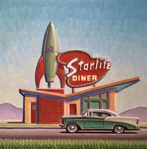 The Future Illustration, Atompunk Art, The Jetsons Aesthetic, Atomic Age Aesthetic, Robert Laduke, Diner Art, Rocket Art, Googie Architecture, 50s Art