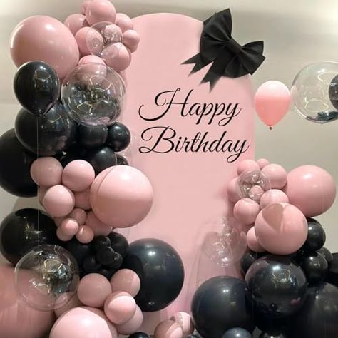 Pink Happy Birthday Decorations, 18th Birthday Party Venue Ideas, Pink And Black Decorations Party Ideas, Elegant Decorating Ideas Party, Black And Pink 21st Birthday, 12 Th Birthday Ideas, Black And Pink Balloons Decoration, Black And Pink Decorations Party, Black And Pink Theme Party