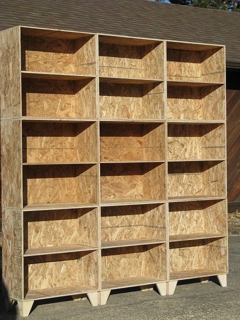 modular osb bookshelf unfinished 3 by 3. via Etsy. Osb Bookshelf, Bookshelf System, Modular Bookshelf, Step Bookcase, Osb Furniture, Osb Plywood, Osb Wood, Modular Cabinet, Modular Bookshelves