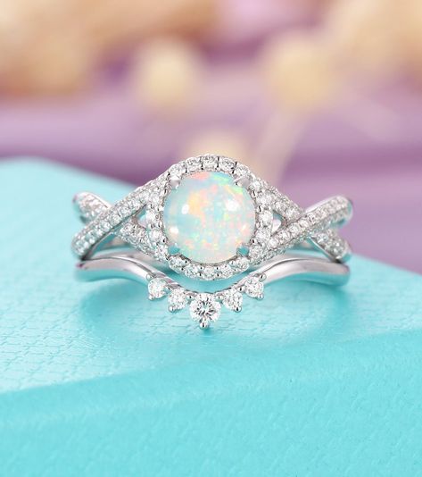 Vintage Opal engagement ring set for womenHalo | Etsy Antique Wedding Rings Sets, Opal Wedding Ring Set, Fire Opal Engagement Ring, Halo Wedding Rings Sets, Wedding Ring White Gold, Vintage Opal Engagement Ring, Opal Engagement Ring Set, Ring Set For Women, Opal Wedding Rings