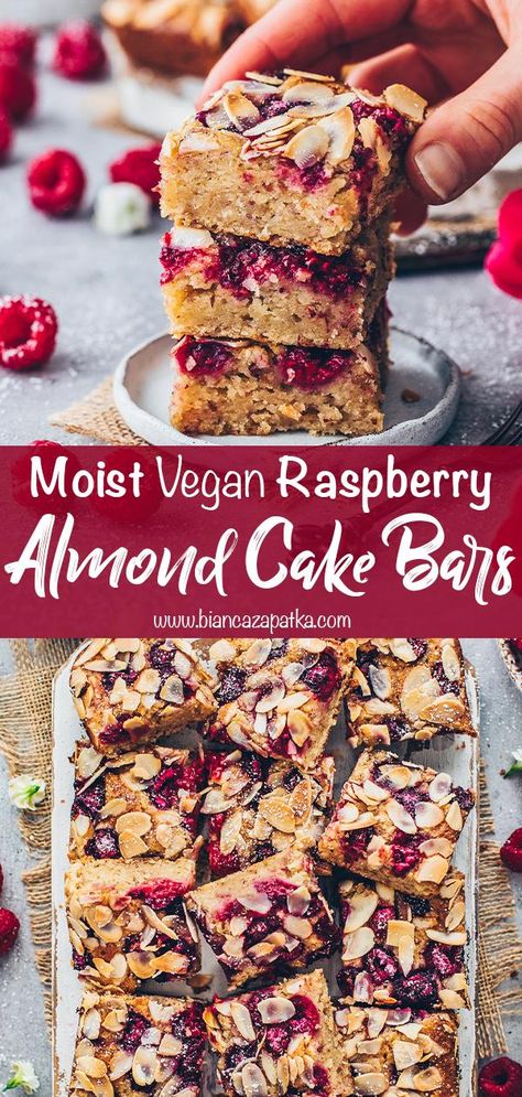 Raspberry Almond Bars | Easy Sheet Cake Vegan Raspberry Bars, Vegan Bars Recipe, Vegan Squares And Bars Recipes, Vegan Traybake Recipes, Vegan Raspberry Cookies, Vegan Rasberry Deserts, Almond Flour Raspberry Cake, Raspberry Desserts Vegan, Vegan Tray Bake Cake