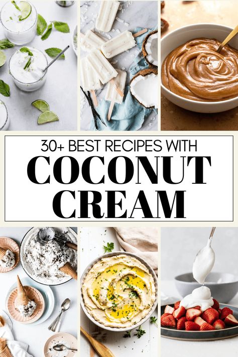 Why not make use of that half-full can of coconut cream in your fridge with these amazing 30+ Coconut Cream Recipes? Coconut cream is incredibly versatile and tasty, perfect for both savory and sweet dishes. It will add thickness and tropical flavor to smoothies, creaminess to coconut lime chicken, richness to homemade popsicles and make a luxurious vegan caramel sauce! Using Coconut Cream In Recipes, Recipes Using Canned Coconut Cream, What Can You Make With Coconut Cream, Smoothie With Coconut Cream, Coconut Cream Breakfast Recipes, Recipes With Coconut Cream Dinner, Coconut Cream Creamer, Coconut Cream Dipping Sauce, Things To Make With Coconut Cream