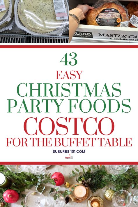 Looking for Christmas party food ideas? Costco is the perfect place to find cheap and easy Christmas appetizers, finger foods, sides, and desserts. Ideal for a Christmas potluck or dinner for a crowd, these Christmas side dishes and party snacks make holiday hosting easy. Whether you're setting up a buffet or planning a festive sit-down meal, these easy Christmas menu ideas are to impress your guests while still being very affordable. Hosting Christmas Party Holiday Appetizers, Friendsmas Party Ideas Food Easy, Christmas Party Seating Ideas, Ideas For Buffet Food, Diy Food Signs For Party Buffet, Heavy Apps For Christmas Party, Christmas Party Meals For A Crowd, Christmas Cold Buffet Ideas, Christmas Party Catering