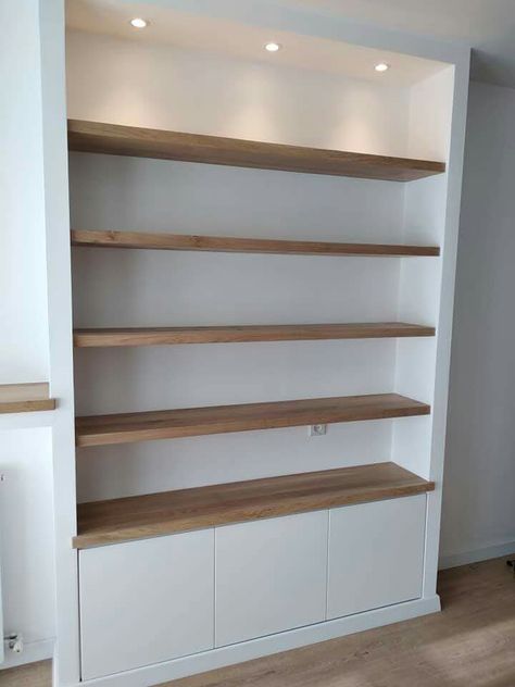 Built In Open Shelving, Gray Interior Design, Gray Decor, Built In Shelves Living Room, Shelf Decor Living Room, 아파트 인테리어, Living Room Shelves, Room Shelves, Bookshelves Diy