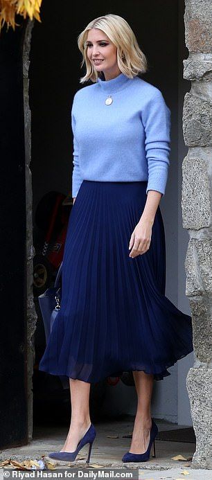 Outfit of the day: The first daughter wore a cornflower blue mock-turtleneck sweater tucked into a navy pleated skirt Blue Pleated Skirt Outfit, Navy Skirt Outfit, Blue Skirt Outfits, Navy Pleated Skirt, Pleated Skirt Outfit, Blue Pleated Skirt, Winter Skirt Outfit, Navy Blue Skirt, Navy Outfit