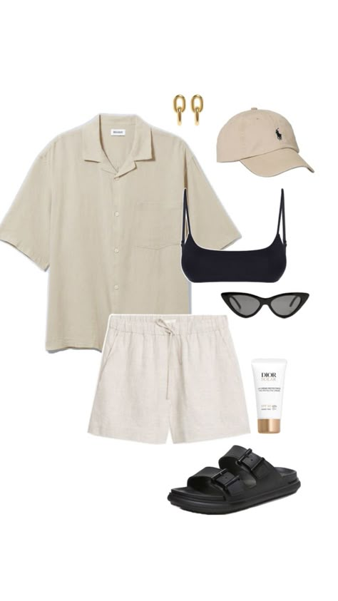 Summer outfit idea, Summer linen shirt and shorts, black sandals, beige ralph lauren cap, fashion inspiration, fit inspo Linen Black Shorts Outfit, How To Style Linen Shorts, Shorts And Sandals Outfit, Beige Linen Shorts Outfit, Chic Shorts Outfit, Beige Shirt Outfit, Summer Outfit Collage, Beige Shorts Outfit, Linen Shirt And Shorts