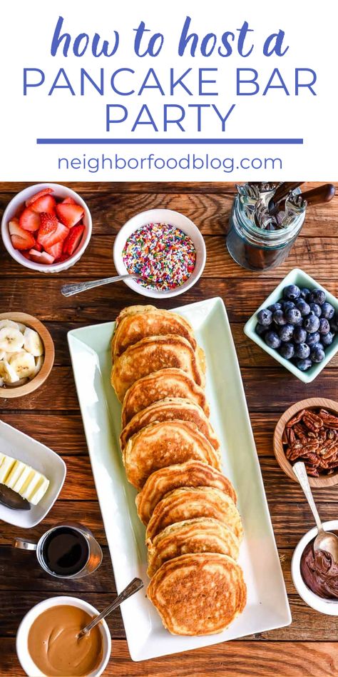 Pancake Buffet Ideas, Pancake Station Ideas, Breakfast Birthday Party For Adults, Pancake Bar Birthday Party, Breakfast Bar For Party, Pancake Brunch Ideas, Pancakes For A Party, Pancake Recipe For A Crowd, Pancakes Birthday Party