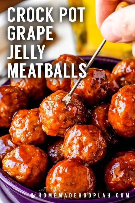 Crock Pot Grape Jelly Meatballs! Tender meatballs slow cooked in a sweet sauce made with grape jelly and chili sauce. Makes for a fun changeup of traditional cocktail meatballs for parties! | HomemadeHooplah.com Jelly Meatballs Crockpot, Meatballs Grape Jelly, Chili Sauce Meatballs, Grape Jelly Chili Sauce, Jelly Meatball Recipe, Grape Jelly Meatballs Recipe, Crockpot Meatballs, Jelly Meatballs, Grape Jelly Meatballs