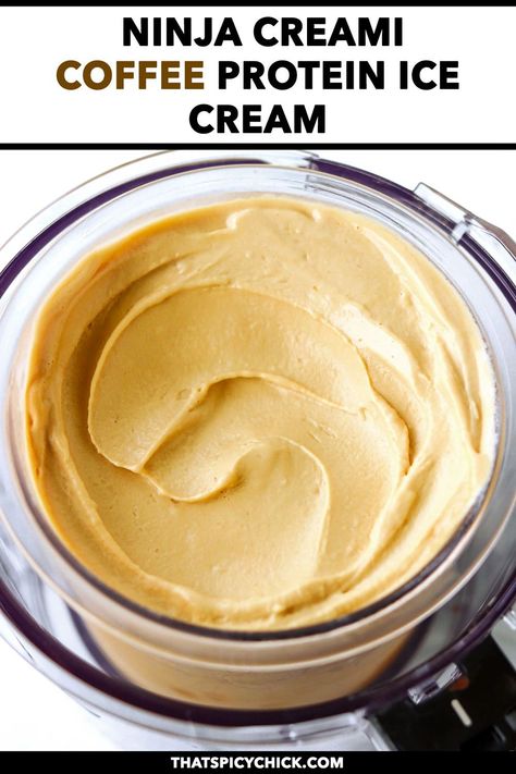 This Ninja Creami Coffee Protein Ice Cream is ultra-creamy, decadent, and packed with 31 grams of protein! It's easy to make, full of bold and rich coffee flavor with caramelized notes, and the perfect treat to satisfy your sweet tooth on a hot day or whenever you’re craving coffee-flavored ice cream! #icecream #coffeeicecream #espressoicecream #proteinicecream #ninjacreami #ninjaicecream #creami #summer #desserts #highprotein #healthy #highproteintreats #lowcaloreicecream | That Spicy Chick Ninja Creami Protein Coffee Ice Cream Recipe, Fairlife Recipes, High Protein Ice Cream Ninja Creami, Ninja Creami Coffee, Ninja Creami Coffee Protein Ice Cream, Creami High Protein Ice Cream, Protein Ice Cream Ninja Creami, Almond Milk Whipped Cream, Gain Food