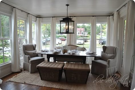 Like windows for sunroom/dining room addition Sunroom Curtains & Drapes, Sunroom Drapes Ideas, Sunroom With Curtains, Curtain Rod From Ceiling, Windows For Sunroom, Curtains Sunroom, Sunroom Curtain Ideas, Sunroom Window Ideas, Kitchen Window Treatments Diy