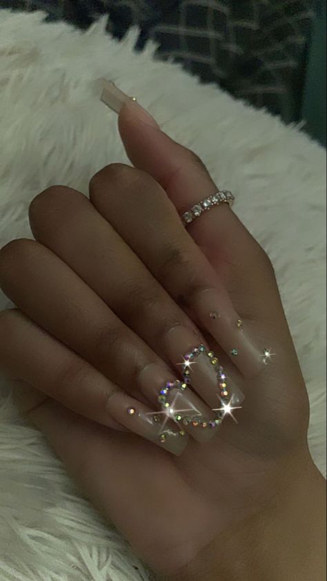 Heart Nails Design With Rhinestones, Simple Bling Nails Rhinestones, Acrylic Nails Heart Gems, Rhinestone Nails Designs Simple, Nail Rhinestone Ideas, Nail Idea With Gems, Simple Nail Ideas With Rhinestones, Heart Nails With Rhinestones, Nail Ideas French Tip With Gems