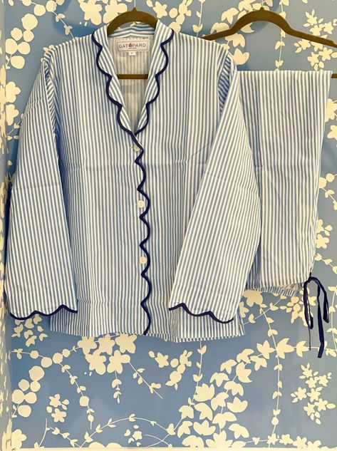 Blue Striped Pajama Set — Gatopard Aesthetic Pjs, Pyjamas Silk, Striped Pajama Set, Her Drawing, Pajamas Aesthetic, Pijamas Women, Pjs Set, School Homework, Cute Pjs