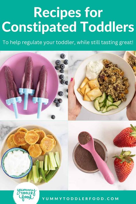 Recipes for constipation in grid of images. Foods For Constipation In Kids, Toddler Constipation Relief Foods, Toddler Fiber Foods, Fiber Meals For Kids, Fiber For Toddlers, High Fiber Toddler Foods, Kids Constipation Remedies, High Fiber Toddler Meals, Fiber Rich Foods For Kids