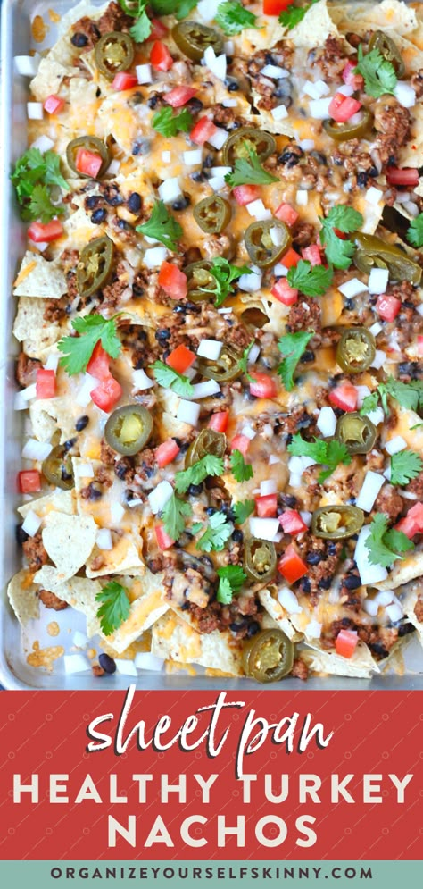 Ground Turkey Nachos, Ground Turkey Healthy, Turkey Nachos, Super Bowl Party Menu, Healthy Nachos, Sheet Pan Nachos, Pan Nachos, Pickled Jalapenos, Nachos Recipe Easy