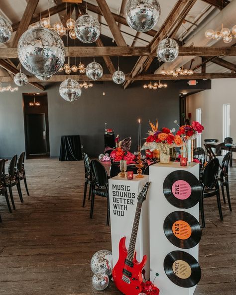 Disco Flair Rentals LLC (@discoflairrentals) • Instagram photos and videos Vinyl Record Party Decor, Meet Me Under The Disco Ball, Decades Wedding Theme, Bridal Shower Last Disco, Karaoke Engagement Party, Disco Floor Diy, Music Release Party, Disco Room Decor Ideas, Vinyl Centerpieces Wedding