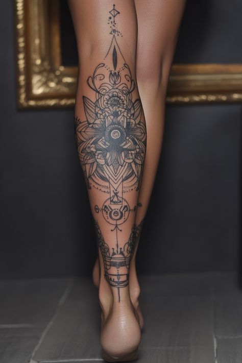 Leg Sleeves Mandala, Foot Sleeve Tattoo, Mandala Sleeve Tattoo Women, Mandala Tattoo Leg Sleeve, Half Leg Sleeve, 108 Tattoo, Ankle Foot Tattoo, Kali Tattoo, Leg Sleeve Tattoos