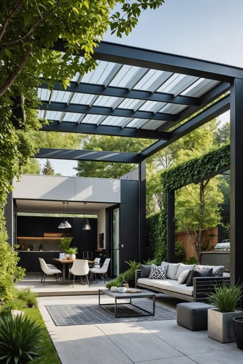 20 Pergola Shade Designs For Backyard – ToolzView Deck Covers Ideas Patio Shade, Covered Gazebo Ideas Backyard, Verandah Ideas Australia, Terrace Pergola Ideas, Japandi Exterior, Pergola Roof Ideas, Ideas Para Patio, Backyard Pergola Ideas, Black Mens Fashion Suits