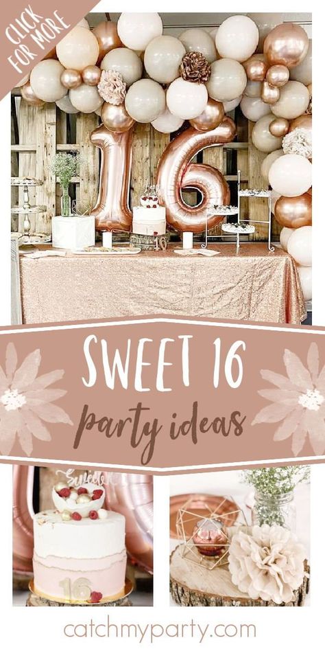 Ideas For Sweet Sixteen Party, Farmhouse Sweet 16 Party Ideas, Sweet 16 Sweets Table Ideas, 16 Birthday Party Ideas Rose Gold, Sweet 16 Cabin Party Ideas, Sweet 16 Food Table Ideas, Sweet 16 Desert Tables, Sweet 16 Party Cookies, Rustic Sweet 16 Cake