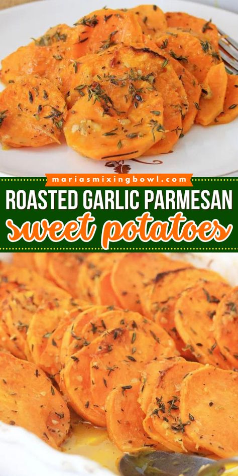 A must-have at your Thanksgiving dinner party! These roasted sweet potatoes are the BEST. Not only are these oven roasted garlic parmesan potatoes tender and flavorful, but they are also healthy. Definitely a perfect Thanksgiving side dish recipe! Roasted Garlic Sweet Potatoes, Oven Roasted Sweet Potato Recipes, Garlic Parmesan Sweet Potatoes, Roasted Garlic Parmesan Potatoes, Dish For Party, Parmesan Sweet Potatoes, Parmesan Roasted Sweet Potatoes, Garlic Sweet Potatoes, Baked Sweet Potato Slices