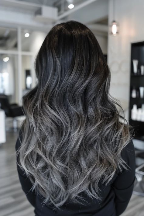 42 Subtle Balayage Black Hairstyles From Soft Highlights To Gentle Gradients Ash Grey On Black Hair, Steel Grey Balayage, Silver Grey Money Piece Hair, Grey And Black Hair Color, Black Grey Balayage, Black Hair With Ash Grey Highlights, Ash Hair Color Highlights, Ombre Hair Black To Blonde, Black And Grey Hair Highlights