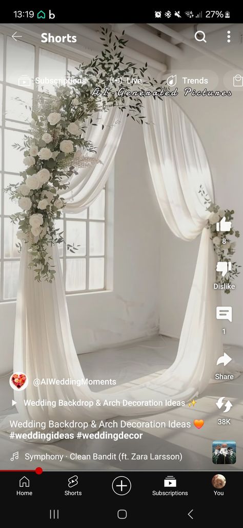 Minimalist Arch Wedding, Arch With Draping, Minimalist Wedding Backdrop, Wedding Arch Indoor, Tropical Wedding Ceremony, Simple Wedding Arch, Wedding Arch Draping, Wedding Drapery, Draping Wedding