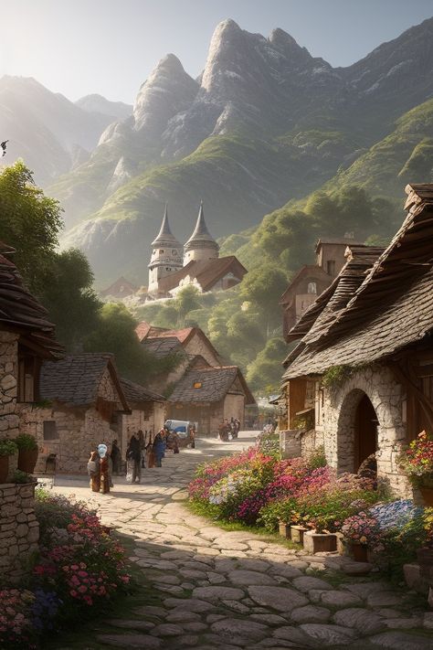 Fairytale Mountains, Fantasy Mountain Town, Fantasy Village In The Mountains, Mountain Village Fantasy Art, Woodland Village Fantasy Art, Medieval Mountain Village, Playground Landscaping, Fantasy Village, Mountain Village