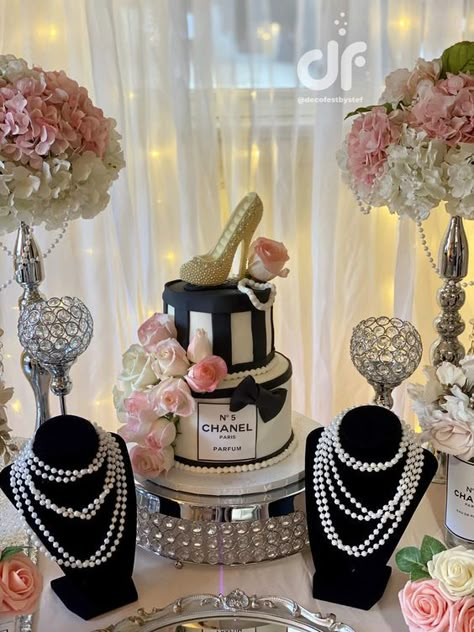 30th Classy Birthday Ideas, Chanel 13 Birthday, Chanel Birthday Party Ideas Classy, 55 Birthday Theme Ideas, Fashion Birthday Party Decorations, Party For 60th Birthday, Chanel No 50 Party, 80th Theme Party Ideas, Sweet 16 Chanel Theme