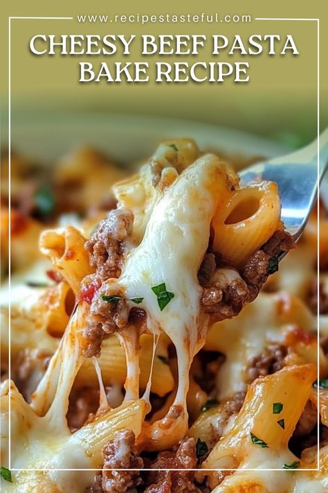 This Cheesy Beef Pasta Bake is a comforting dish featuring tender pasta, savory ground beef, and gooey melted cheese. Perfect for family dinners! Casseroles With Ground Beef Pasta, Pasta Bake Ground Beef, Pasta Beef Recipes, Beef And Pasta Recipes, Cheesy Beef Pasta, Ground Beef Recipes Pasta, Beef Pasta Bake, Pasta And Ground Beef, Cheese Pasta Bake