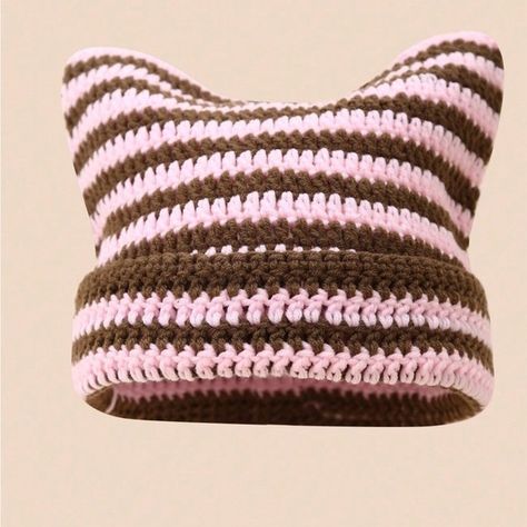 Handmade crochet cat ear beanie pink and brown Beanie Cat Ears, Crochet Cat Ear Hat, Crochet Cat Ear Beanie, Cat Ear Beanie, Crochet Cat Hat, Ear Beanie, Ear Hat, Brown Beanie, Cat Ears Hat